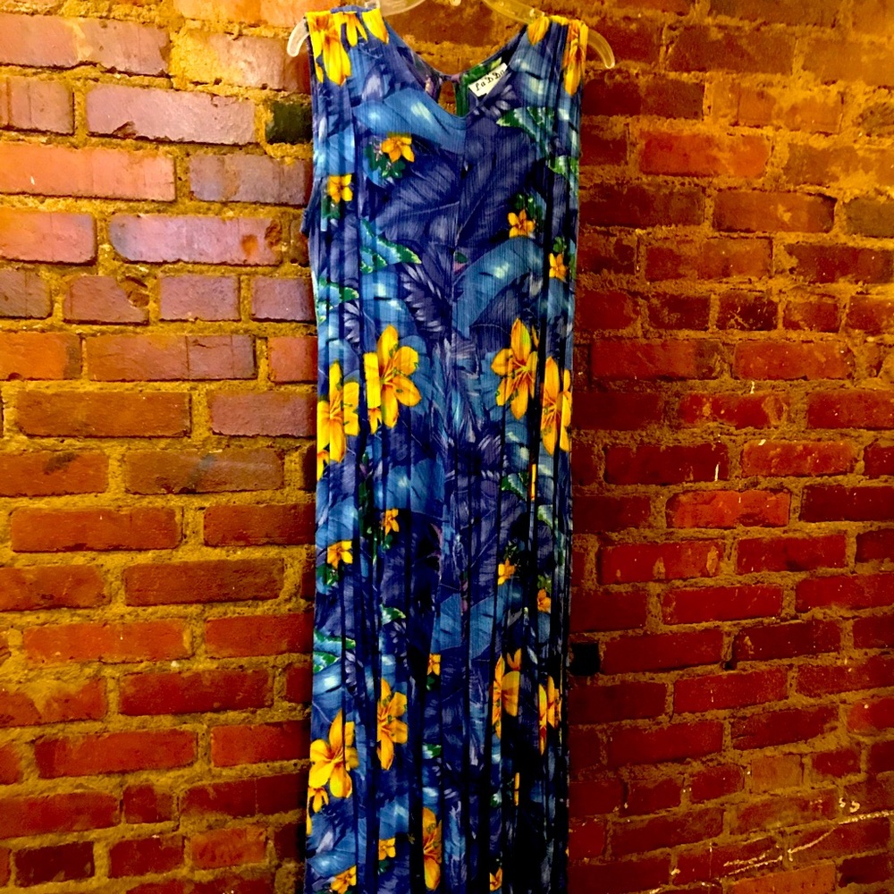 Blue floral floor length sleeveless dress